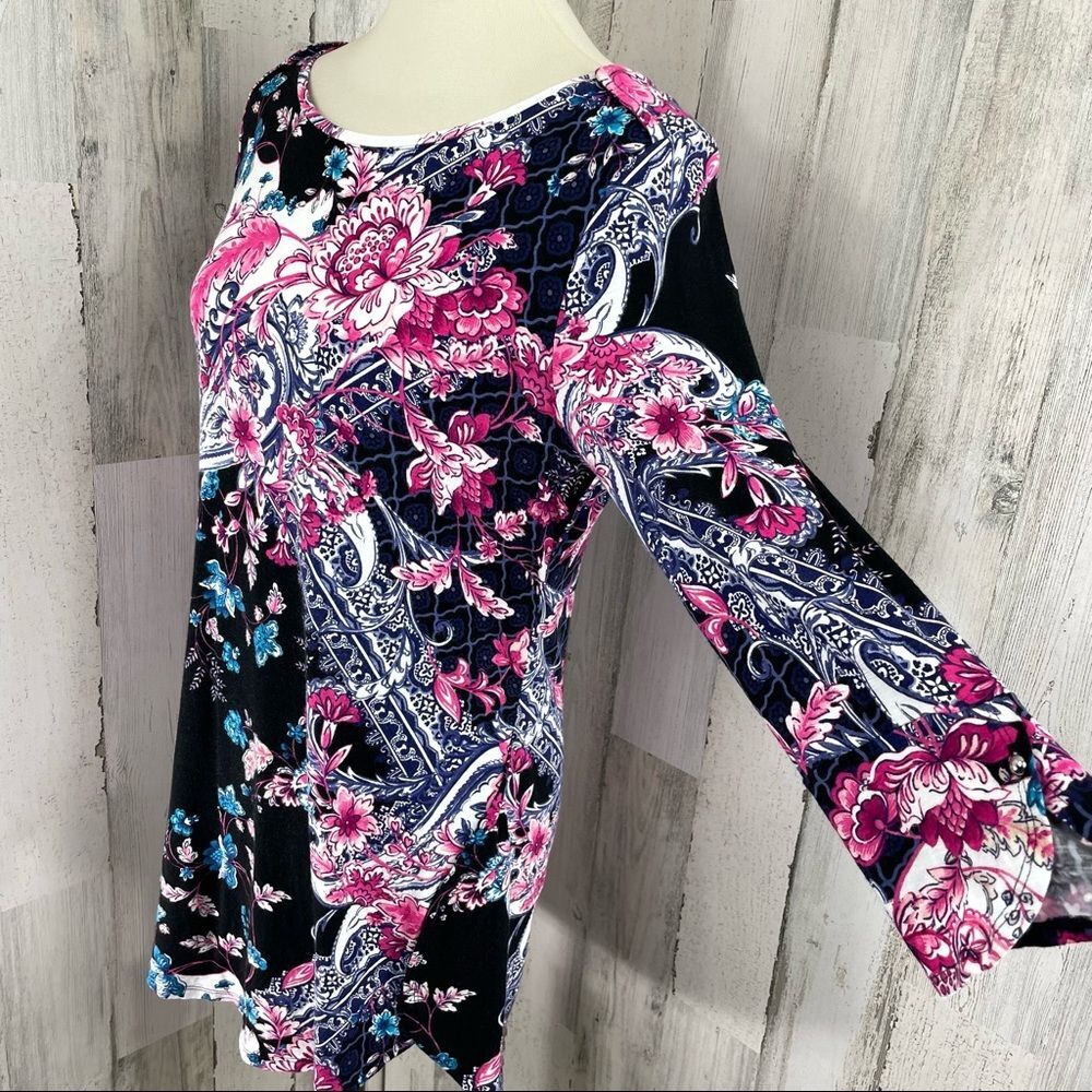 Chico’s Women’s Pink Blue Floral Print Scoop Neck Tunic Blouse Top Shirt Sz 0